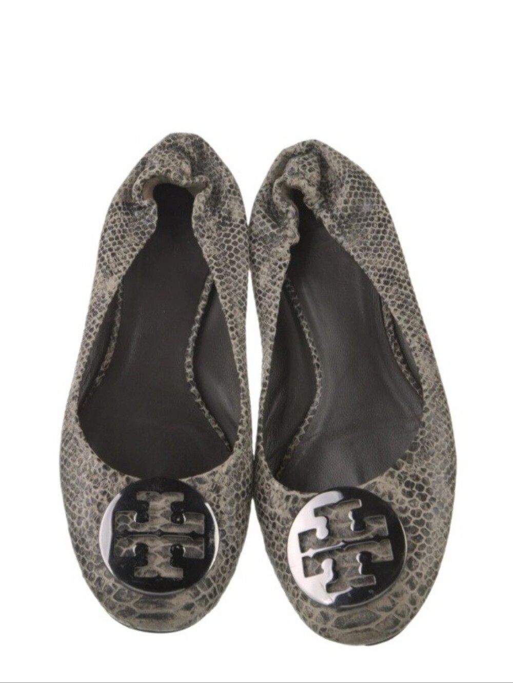 Tory Burch Snake-Print Ballet Flats with Black Logo Medallions